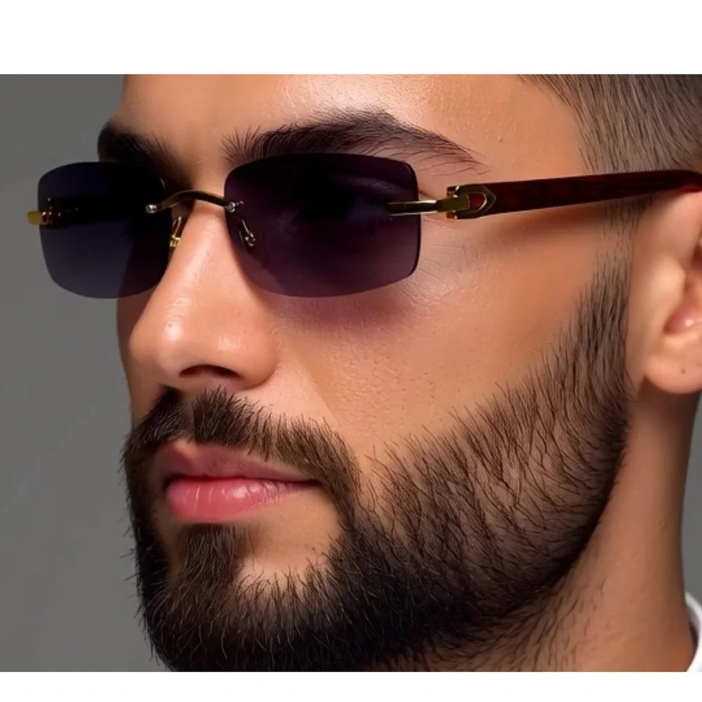 Rimless Sunglasses Gold Accents Wood Arms Rectangular Dark Black Lens Men Shades